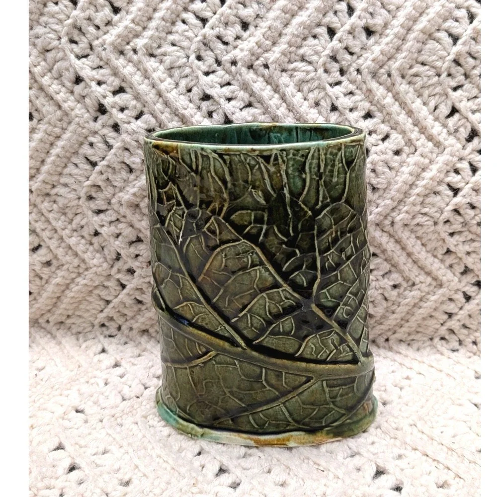 Studio Pottery Green Leaf Relief Vase Handcrafted Ceramic Nature Vessel 5.5